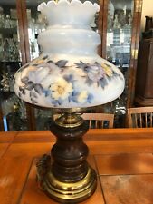 Vintage GWTW Table Lamp Floral Handpainted Large Glass Shade, Wooden Base, 28