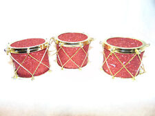 Vintage Set Of 3 Red/Gold Glitter Christmas Drum Ornaments 2 1/4