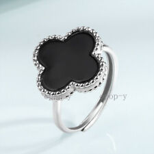 S925 Silver Natural Certified Black Clover Women's Ring Adjustable Jewelry Gift picture