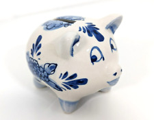 VTG Delft Blue Piggy Bank w Hand Painted Windmill and Floral Happy Pig 