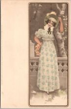 c1900s Pretty Lady / Greetings Postcard Beautiful Dress Printed /Germany UNUSED picture