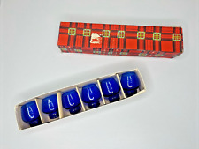 Set Of 6 Vintage MCM Etched Cobalt Blue Shot Glasses With Box picture