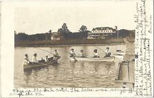 Clear Lake IA--Women, kids, grandpa pole fishing by Oak Hotel; nice 1907 RPPC picture