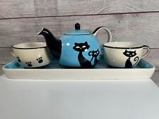 Hues n Brews Cattitude Siamese Cat Tea Pot, Tea Cups, Serving Tray Set picture