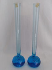 Two (2) Vintage Tall Thin ALSTERFORS Sweden Blue Glass Vase w/ Bubble Ball Base picture