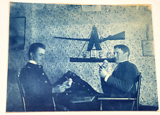 CYANOTYPE PHOTOS SOLDIER HOUSE BUILDING INDIAN WARS (?) RIFLE ANTIQUE picture
