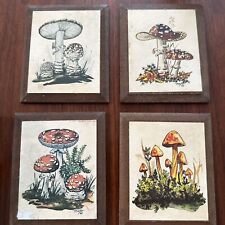 Set Of 4 Vintage 1970s Mushroom Wall Art Wooden Plaques Pen & Ink Prints Thayer picture