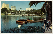 MacArthur Park Los Angeles California CA Boats Swan Ducks People 1954 Postcard picture
