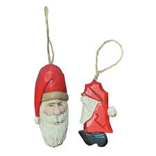 2x Hand Carved Wood Painted Santa Ornaments Signed Folk Art Old World Christmas picture