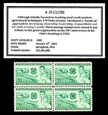 1952 - 4-H CLUBS - Mint, Never Hinged, Block of Four Vintage Postage Stamps picture