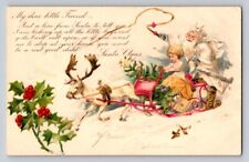 c1905 White Santa Claus Reindeer Whip Sleigh Tree Birds Christmas P333 picture