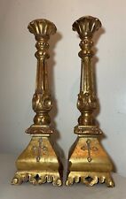 pair large vintage carved ornate gold gilt wood religious altar candlesticks picture
