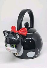Vintage 1990s Black White Kitty Cat Whistling Metal Tea Kettle Teapot Ancona picture