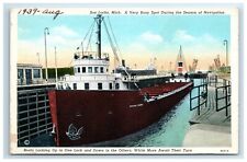 Postcard Soo Locks Michigan Ships Boats Locking Up in One and Down in Others picture