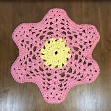 Vintage Crocheted Doily Hand Made Flower Round Pink & Yellow  11