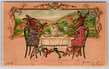 Dressed  Rabbits Couple~at Table~Drink Tea Smoke Easter Fantasy~ Postcard~g779 picture