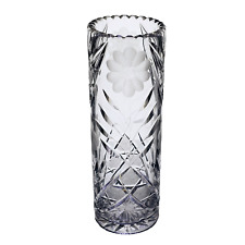 Vintage Heavy Clear Cut Glass Vase Etched Floral Design 12