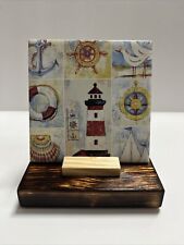 Nautical Beach Lighthouse Decorative Ceramic Tile Coasters w/ Rustic Wood Stand picture