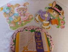 3 Vintage 1980’s Religious Faith Die Cut Easter Bunny Decorations Double Sided picture