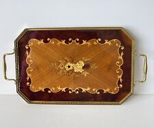 VINTAGE Italian Tray Inlaid Wood Floral Brass Handles Made In Italy Wooden Tray picture