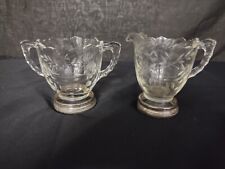 Vintage Etched Crystal Glass Creamer & Sugar Bowl Etched Flowers Silver Trim (5) picture