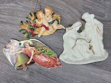 Vintage Angels & Nativity Glass Cardboard  Ornaments Lot Of 3 unique Christmas picture