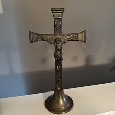 Antique/Vintage Brass Table Cross Jesus Christo Crucifix Religious Catholic 11.7 picture
