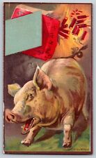 c1881 Pig Startled from Firecrackers Blank Victorian Trade Card -Scarce picture