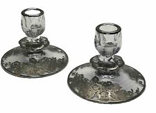 Pair Of Vintage/Antique Footed Glass Candlesticks Silver Overlay,Filigree Roses picture