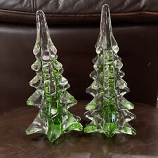 2 Vintage Clear And Green Glass Christmas Trees 6 1/4