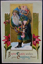 Long Blue Robe Santa Claus with Toy Basket~Antique ~Christmas Postcard~k-157 picture