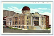 c1930's First Baptist Church Car Scene Street McAlester Oklahoma OK Postcard picture