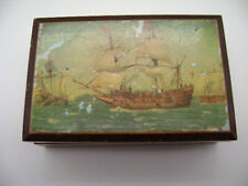 Vintage Wooden Trinket Box Ship Sail Boat Print Jewelry Nautical Decorative picture