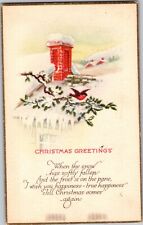 1924 Christmas Post Card Vintage Bird Chimney Snow Tree Branch a11 picture