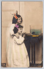 Antique C1910 Cute Girls With Touching Message On Back RPPC Postcard P190 picture