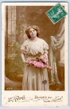 RPPC WOMAN HANDCOLORED PINK FISH POISSON D'AVRIL APRIL FOOLS FRENCH POSTCARD picture