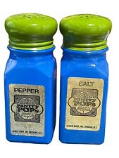 Vintage Gemco Pantry Pops Salt & Pepper Shakers Blue Glassware Green Lids 4 in picture
