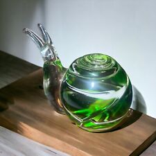 Snail Art Glass Figurine Green Clear Swirl Vintage Paperweight picture