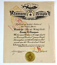 1949 Zamora Temple Birmingham AL Vintage Membership Certificate Shriners AAONMS picture