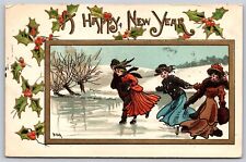 Postcard Happy New Year Ice Skating HBG 2225 embossed 1909 J32 picture