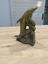 VINTAGE Amazing MCM Brass Dolphin on Waves Statue/Book End picture
