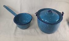 Vintage Cinsa Enamelware 3 Piece Set Small Lidded Stockpot & Pan Blue Speckled picture