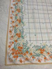 Vintage Orange Floral Printed Luncheon Tablecloth 44” Square Cotton Made Japan picture