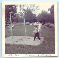  1960's Public Park Brother Pushing Sister on Swing Set Mom Wartches VTG Photo picture