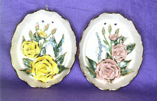Pair Of Vintage 3D (Relief) Art Plaques Wall Hangings of Pink and Yellow Roses picture