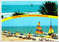 Greetings Myrtle Beach SC Sailboats Swimmers Beach Lounging Umbrella Sunbathing picture
