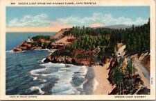 Cape Perpetua OR Heceta Light House Tunnel Aerial Ocean Linen 1937W postcard DQ4 picture