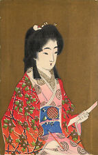 Original Block Print Japanese Woman In Kimono Writing a Letter Gold Background picture