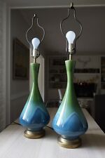 Pair 1950s MCM Royal Haeger Etruscan Blue Green Lava Drip Glazed Ceramic Lamps picture