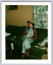 Vintage Original Polaroid Land Photo Woman Wearing Striped Overalls Hat Braids picture